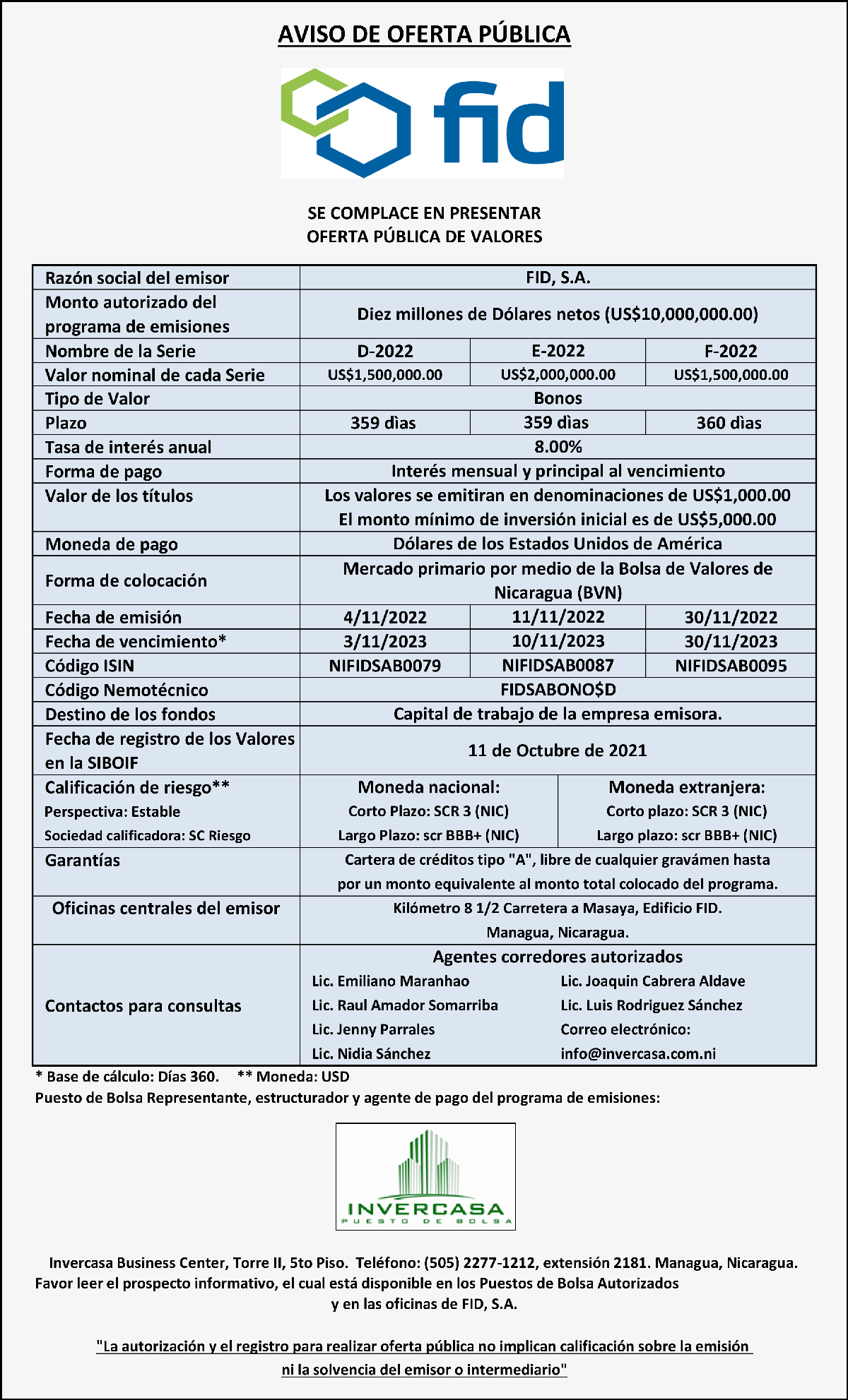 Series-D-2022-E-2022-y-F-2022 Aumento del programa de emisiones de valores desmaterializados de FID a USD10,000,000 y nuevas series 2022